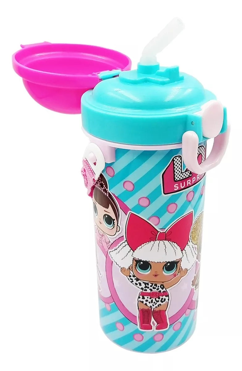 Botella cantimplora con popote y correa Lol Surprise