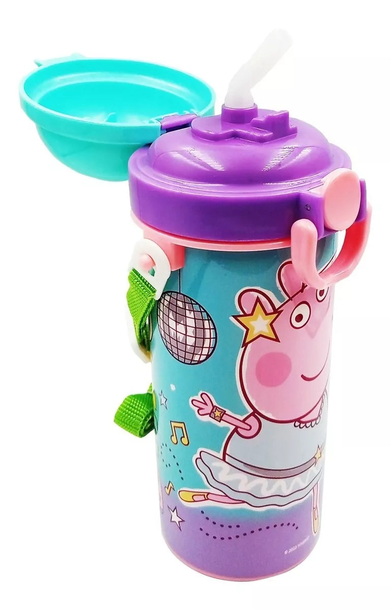 Botella cantimplora con popote y correa Peppa Pig