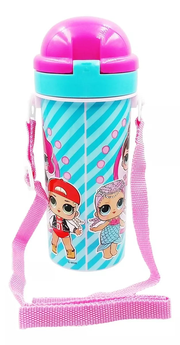 Botella cantimplora con popote y correa Lol Surprise