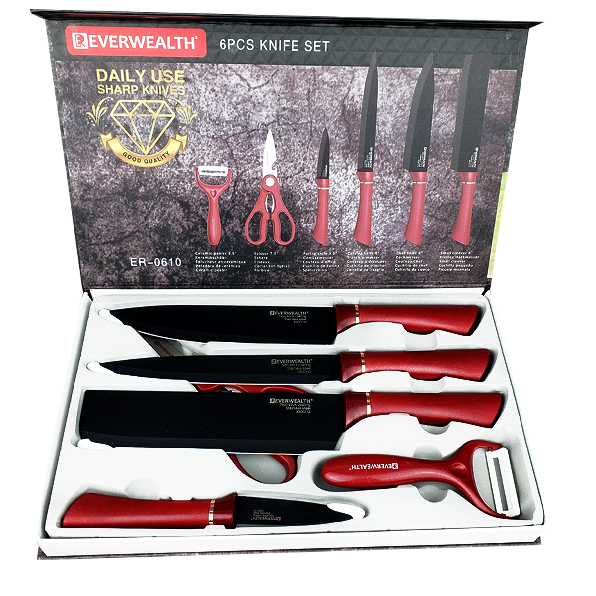 Set de 6 cuchillos de acero inoxidable - Rojo/Negro