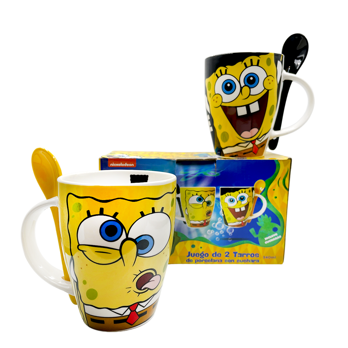 Juego de 2 Tazas de cerámica con cuchara Bob esponja