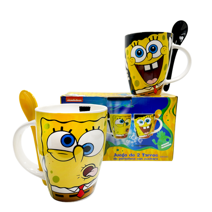 Juego de 2 Tazas de cerámica con cuchara Bob esponja