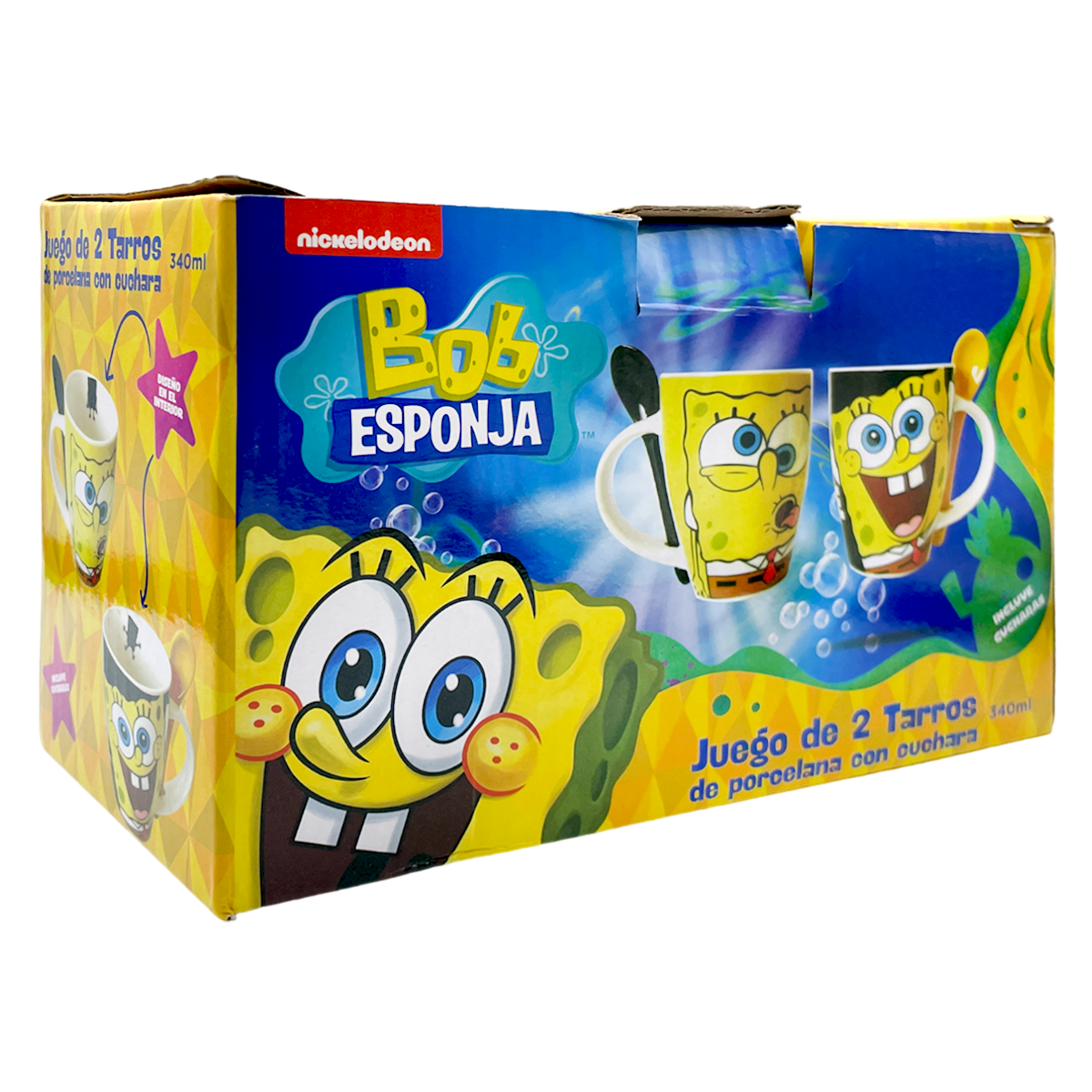 Juego de 2 Tazas de cerámica con cuchara Bob esponja