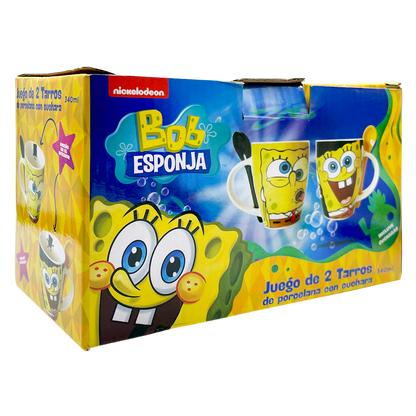 Juego de 2 Tazas de cerámica con cuchara Bob esponja