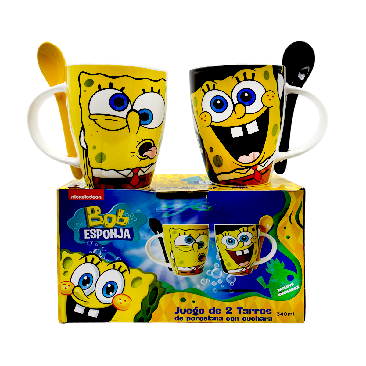 Juego de 2 Tazas de cerámica con cuchara Bob esponja