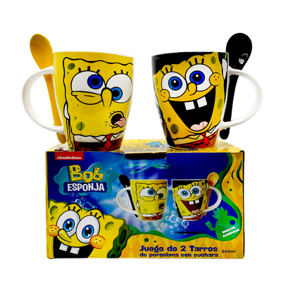 Juego de 2 Tazas de cerámica con cuchara Bob esponja