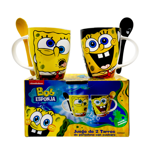 Juego de 2 Tazas de cerámica con cuchara Bob esponja